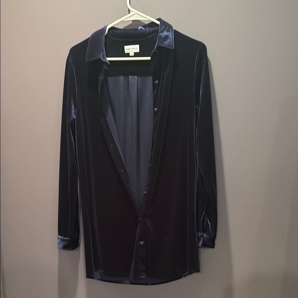 Super down navy Velvet Button-Up Shirt
